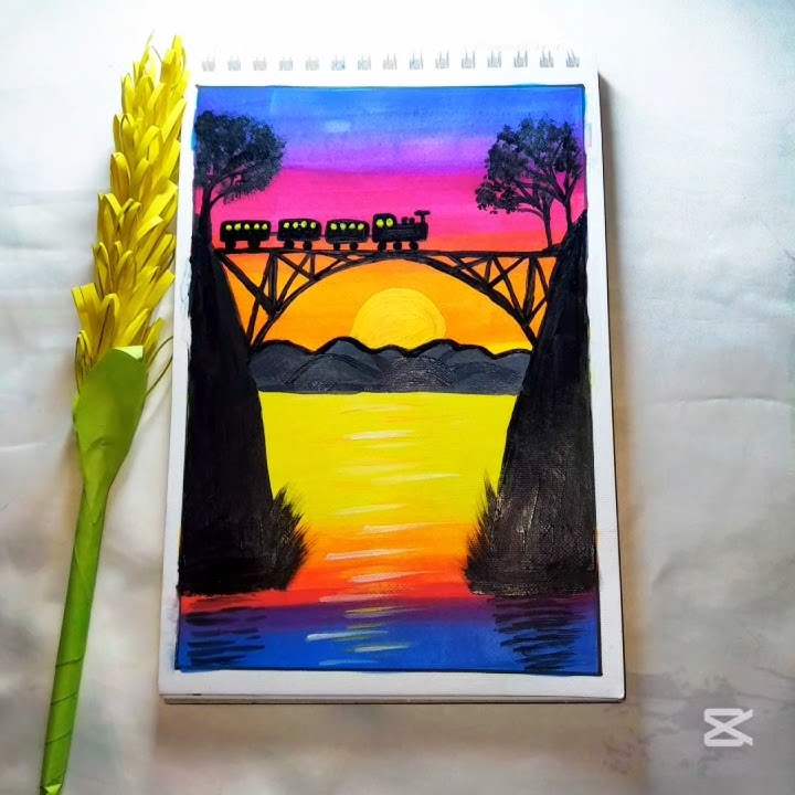 Easy sunset painting🌅🚂 #shorts #viralshorts #painting #art #naturepainting #sunsetpainting #fyp