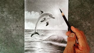 Tropical landscape pencil drawing of a dolphin frolicking in the ocean against the glowing sun.