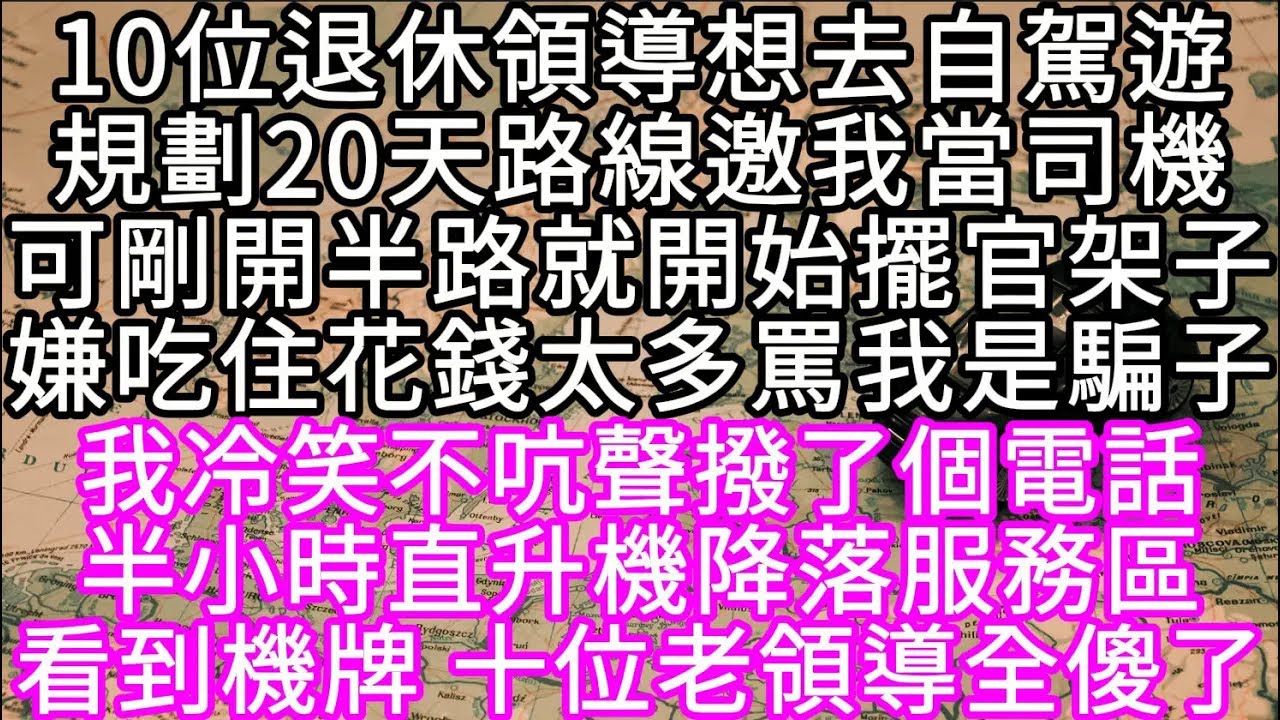 10位退休領導想去自駕遊規劃20天路線邀我當司機可剛開半路就開始擺官架子嫌吃住花錢太多罵我是騙子 我冷笑不吭聲撥了個電話 