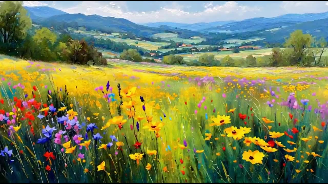 4K Spring Meadow Wallpaper Art | Relaxing Music | Calm Nature Sounds | Birds Singing| TV Screensaver