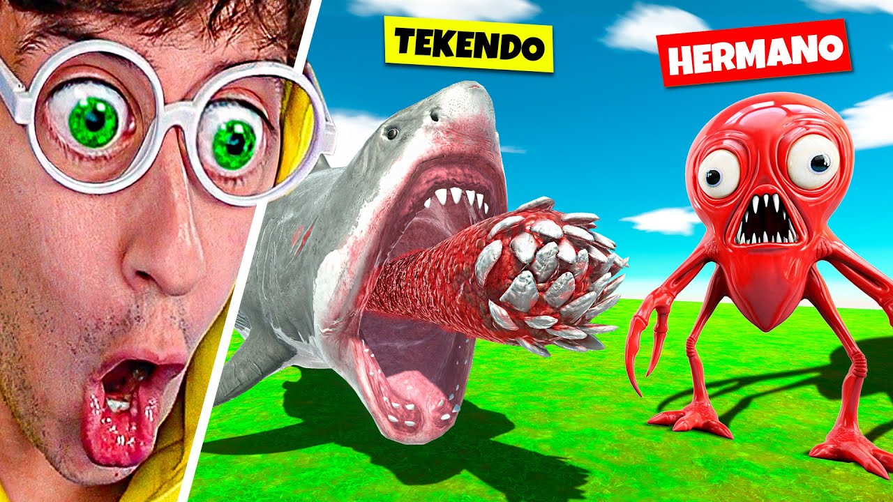 MEGALODÓN vs ALIEN 👽!! (Batalla por Equipos vs HERMANO) | Animal Battle Simulator TEKENDO