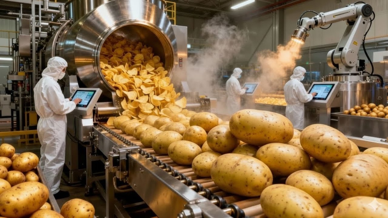 Inside a 10,000kg-Per-Day Potato Frying Factory | Boiling Oil & Non-Stop Packaging.