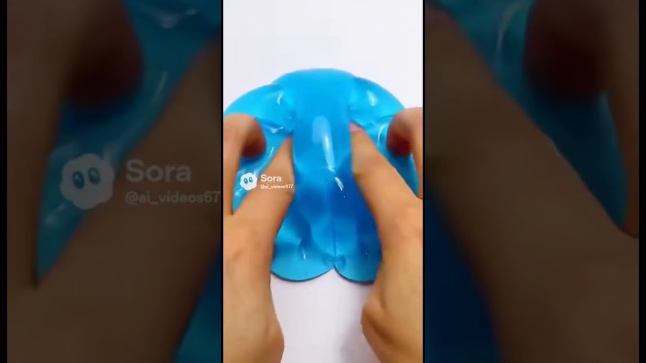 “Top-down ASMR video of ultra-stiff, icy blue slime with a high-gloss shiny surface.”