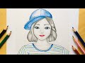 How to draw a girl with cap for beginners  colored pencil drawing  how to draw a girl