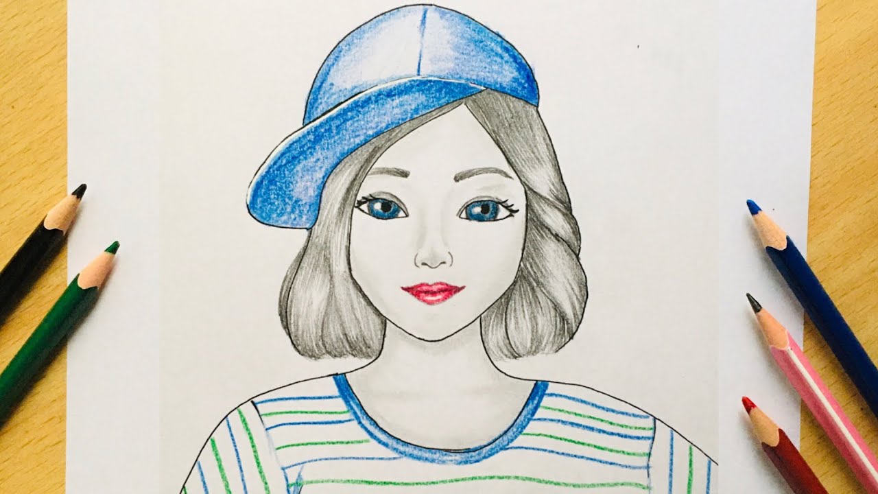 How to draw a Girl with Cap for Beginners || Colored Pencil ...