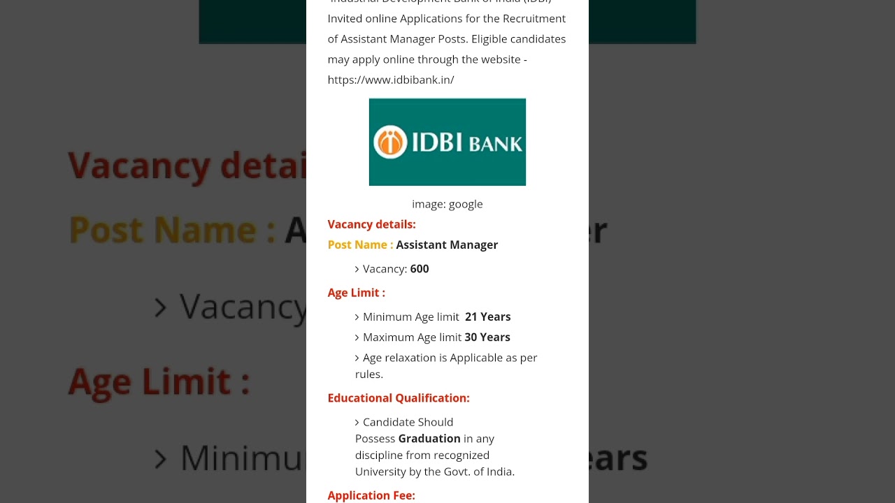IDBI Bank Recruitment 2023 ll Vacancy - 600 ll Assistant Manager