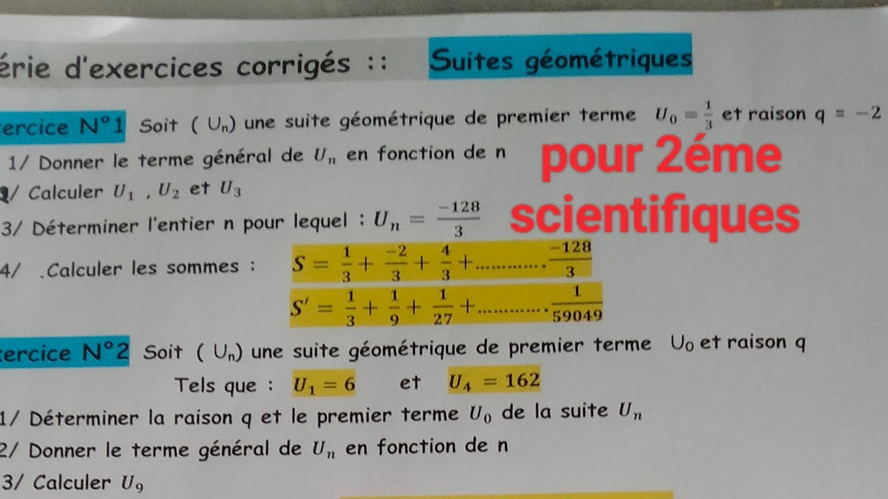 Pour 2éme scientifiques : Suites géométrique : correction d'ex N1