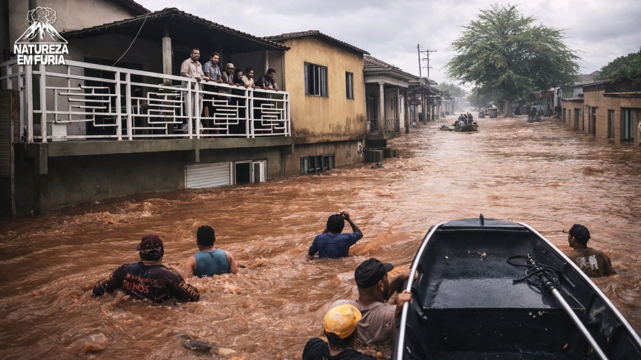 ESPINOSA (MG) DEBAIXO D'ÁGUA: Rio transborda e causa destruição