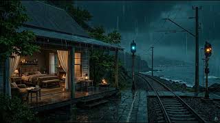 Sleep Fast with Soft Rain in a Cabin by the Coastal Railway at Night | Rain Sounds for Sleeping screenshot 5
