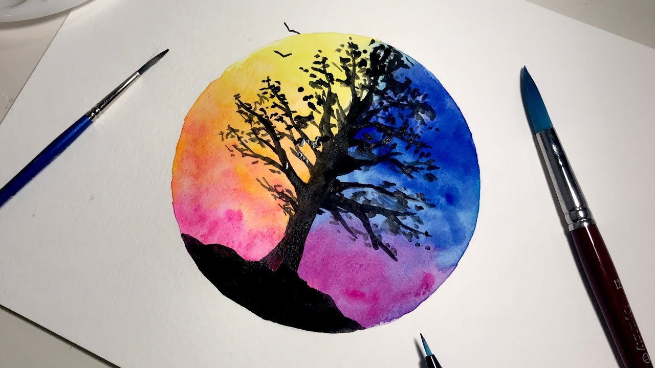 Simple Watercolor Painting for Beginners Time Lapse  Day Vs Night Sky