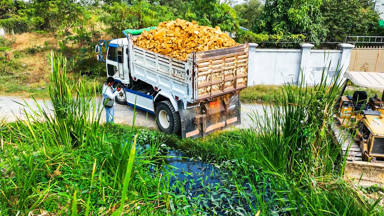 First Start Amazing Project!! Landfill Delete Flood Grass By Skills Dozer Push Rock With 5t Truck
