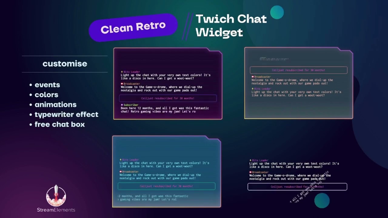 Clean Retro Twitch Chat Widget, Changing Color Effect, Typewriter Effect, Alerts, Badges, Emotes