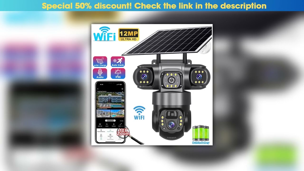 First Look 12MP HD Solar Outdoor Camera 3 Lens 3 Screen 10X Zoom CCTV Night Vision IP66 Waterproof•