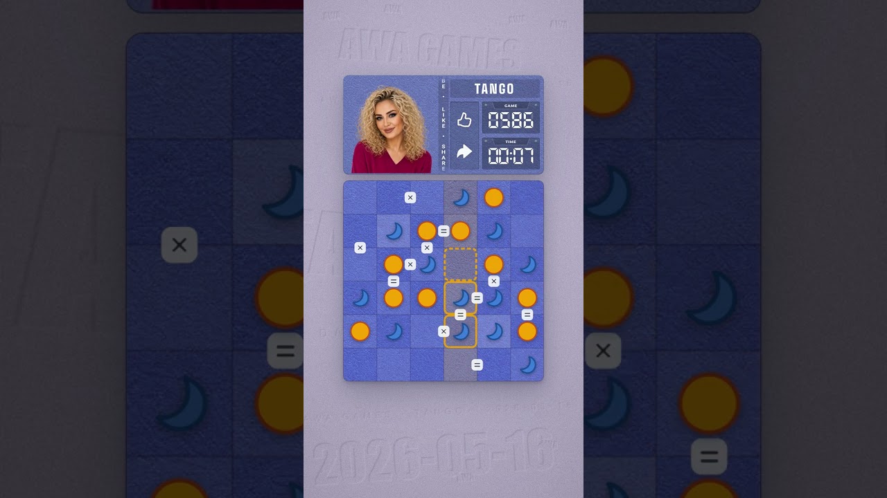 LinkedIn Tango #586 solved board for May 16, 2026, 6x6 grid