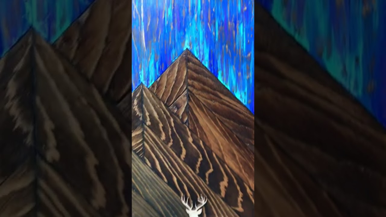 Rustic Mountain Wood Wall Art with Mountain Peaks, Blue Sky, & Deer.  Rustic Home Decor. Wall Accent