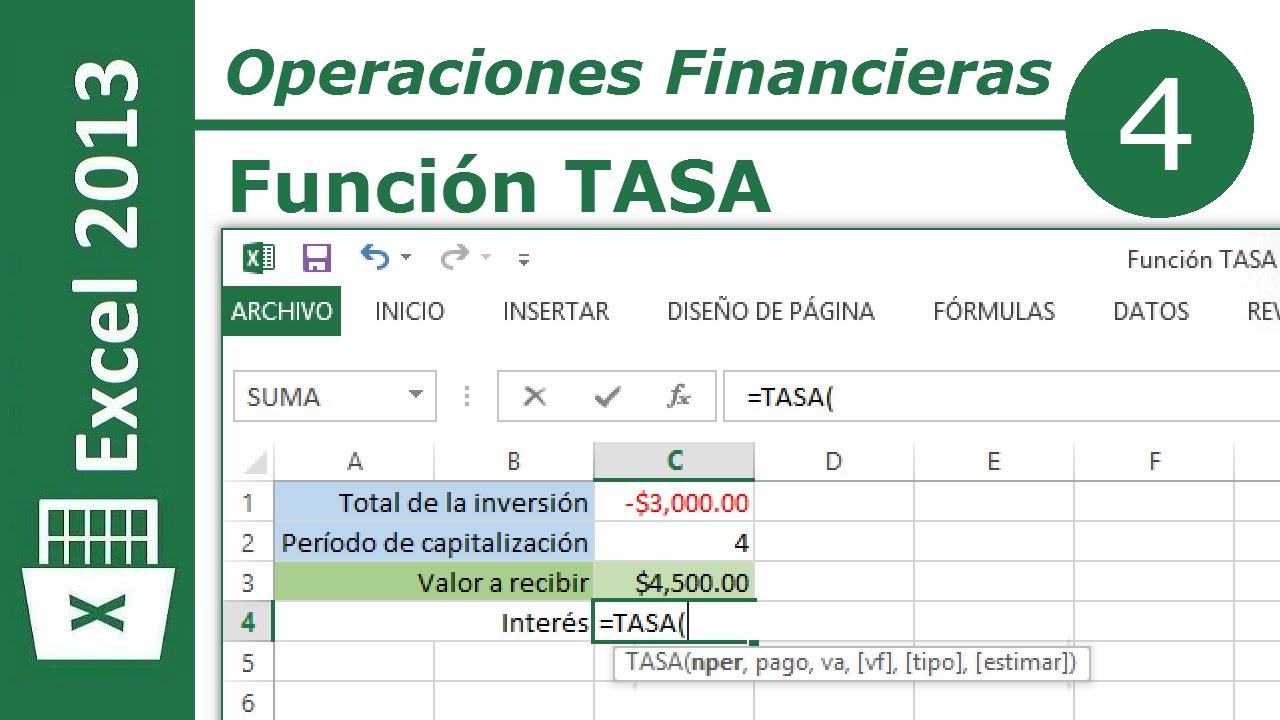 Función TASA | Excel 2013 Operaciones Financieras #4/12 - YouTube