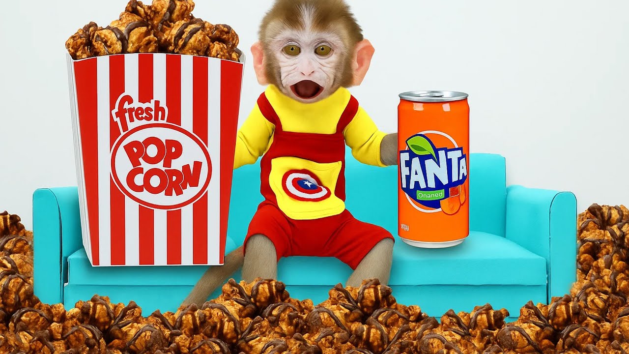 El bebé mono Bon Bon come palomitas de chocolate con jugo de naranja | ESP BIBO MONO