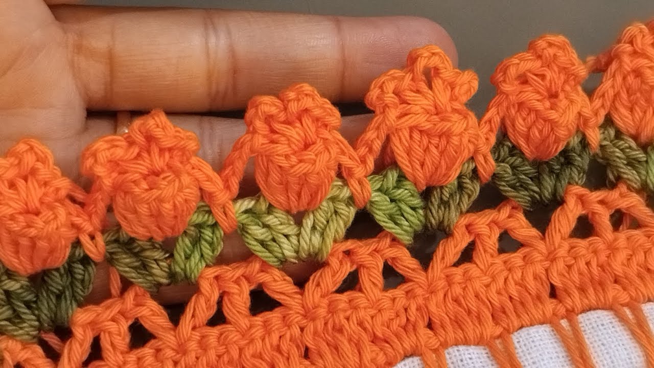 Bico  de crochê  tulipas para pano de prato passo a passo