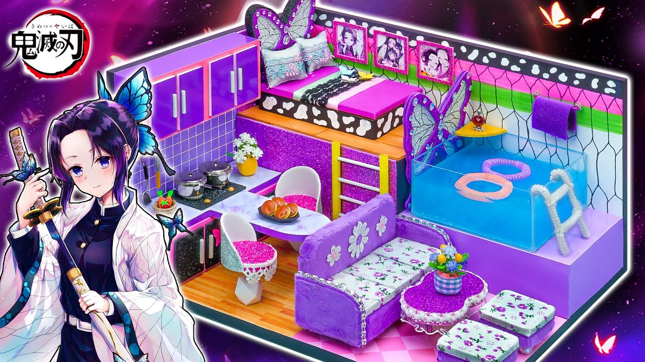 【鬼滅の刃】️リカちゃん ❤️ 胡蝶しのぶと冨岡義勇のミニチュアドールハウスをDIY 🌼 しのぶのプール付きのお部屋を手作り工作 🍭 ぎゆしのお家 🌼 Demon Slayer House