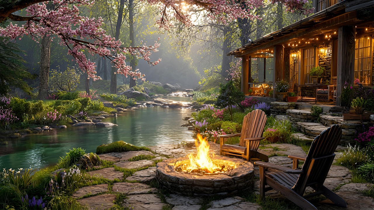 Calming Spring Riverside Porch - Fire Crackles and Nature Sounds for Ultimate Comfort - ASMR