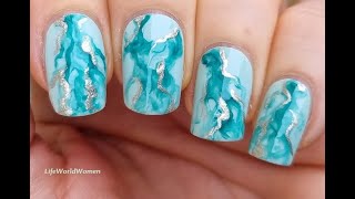Easiest MARBLE NAILS ~ Green Aqua NAIL ART Using Clear Nail Polish ~ MANICURE Ideas 2022