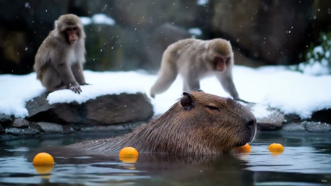 Capybara Relaxing in Hot Spring with Monkey & Oranges | Chill Winter Vibes 