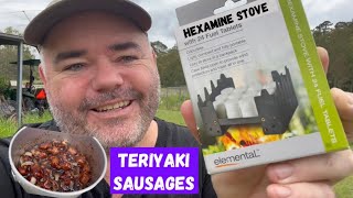 Using a Hexamine Solid Fuel Stove / cooking Teriyaki Sausages