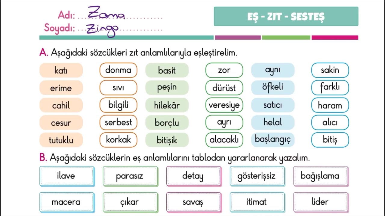 4.Sınıf Türkçe Eş Anlamlı Zıt Anlamlı ve Sesteş Kelimeler - Uzaktan