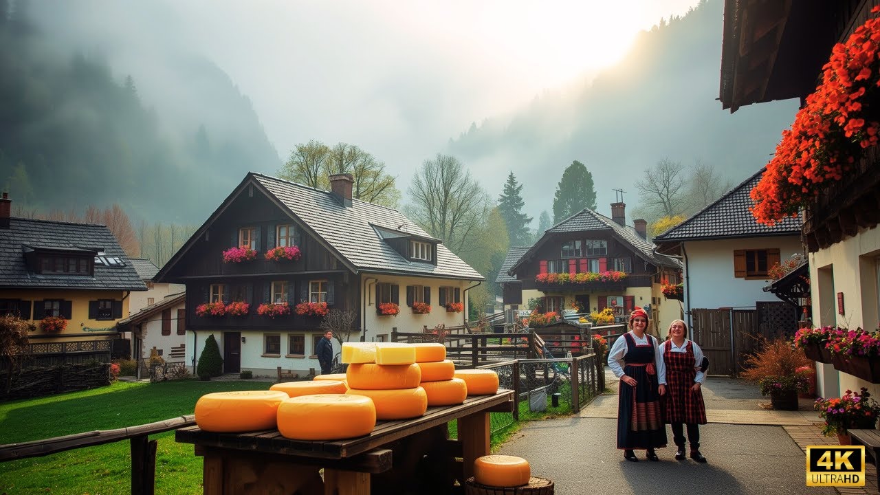 🧀Swiss Farm & Cheese Village Walking Tour 4K | Foggy Day Trip in Switzerland🇨🇭Affoltern im Emmental