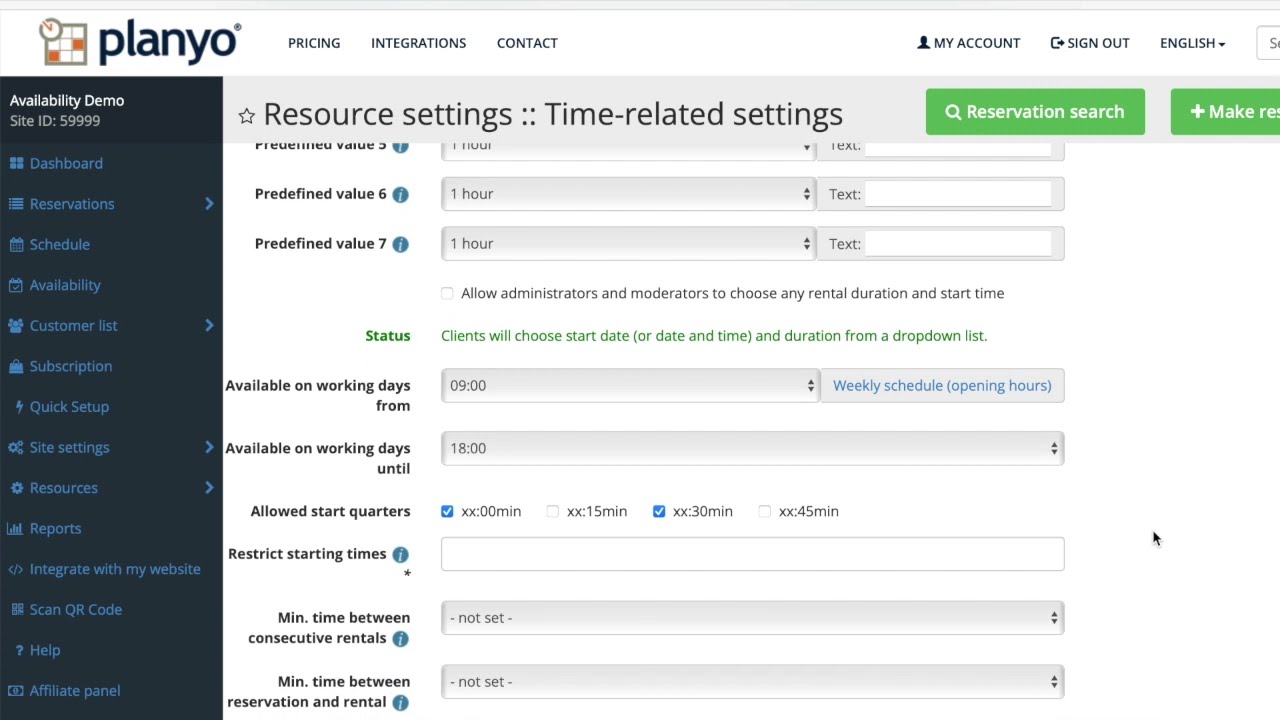 Setting up the availability of your resources in Planyo