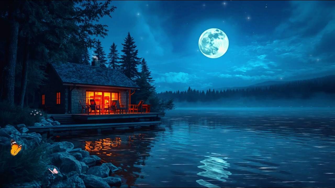 Soft Instrumental Sleep Music 🌙 Moonlit Cabin by the Lake  Fall Asleep Fast & Deep