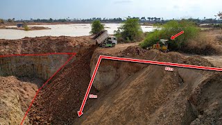 Top1 Project,  Incredible Pushing Soil Into Deep Pond 50m, Komatsu D13P And Dump Trucks