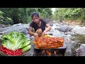 Steaks on the rock - Pork salad spicy roasted for dinner - Survival cooking in jungle