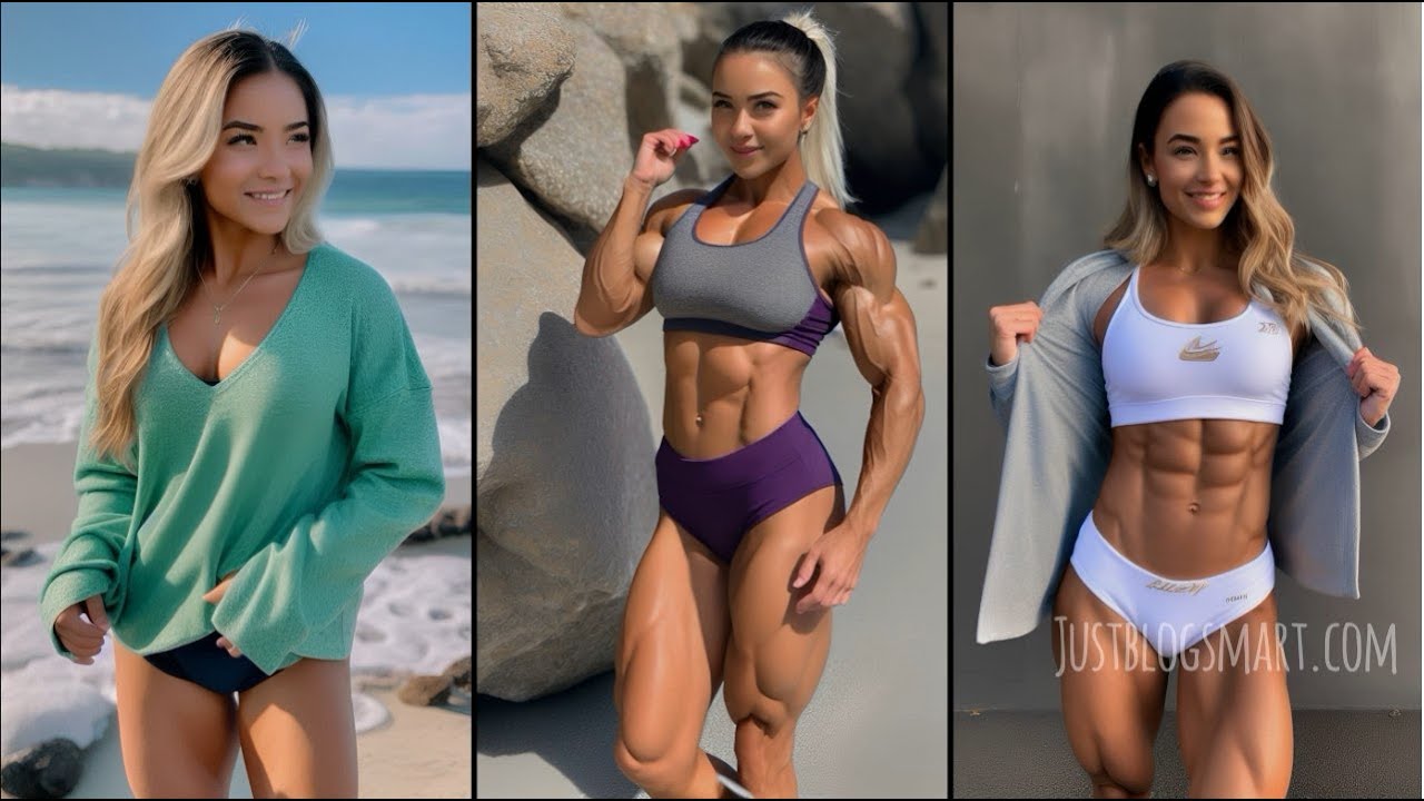 FBB Female AI Muscle: Gym Girl with Super Abs Flexing Her Female Biceps`n Shorts TikTok #1