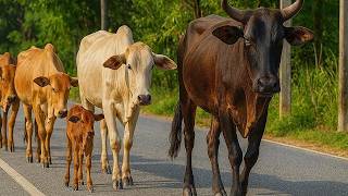 Aktivitas sapi lembu berlari menuruni bukit menuju ladang rumput hijau, Suara Sapi Moo