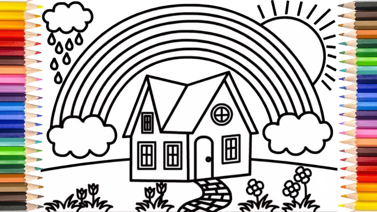 Rainbow And Glitter House Drawing And Coloring Pages For Kids| Halaman