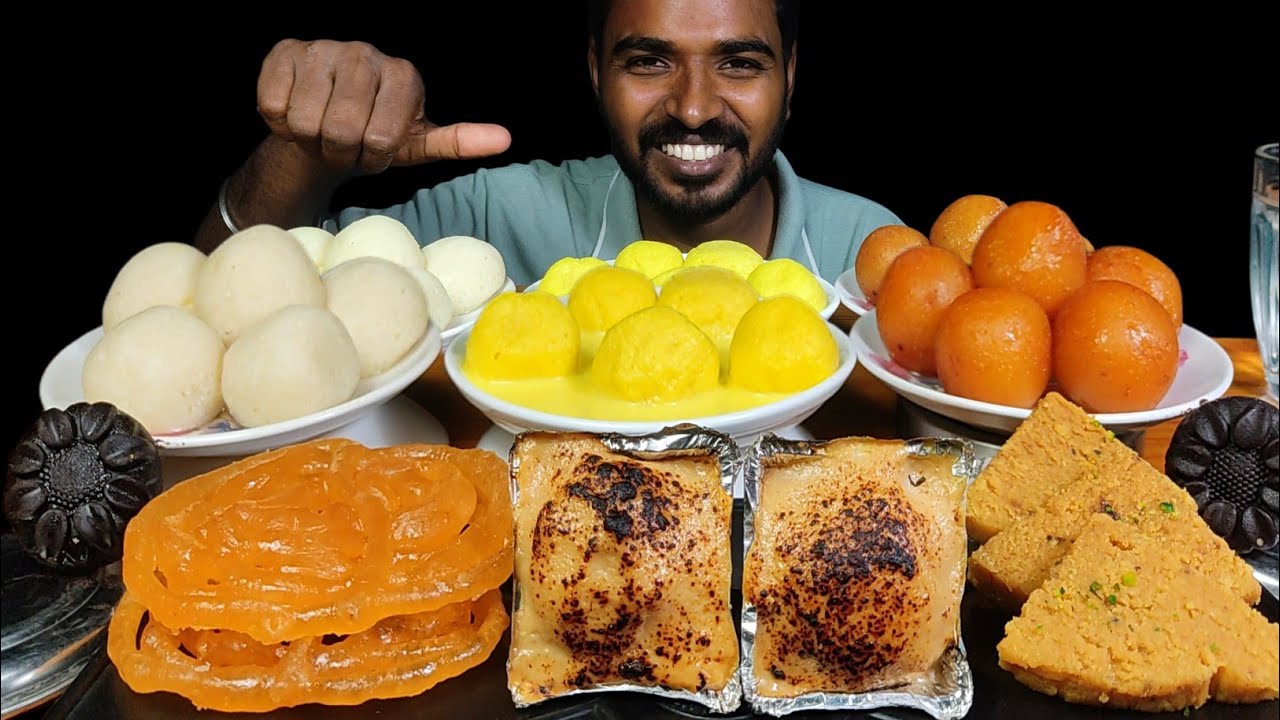 Eating Indian Sweets Rasgulla, Gulab Jamun, Rasmalai, Jalebi, Milk cake & Chocolate Mukbang 