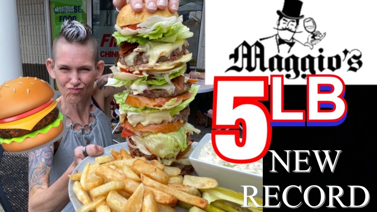 MAGGIO’S BIG BEEFY BURGER CHALLENGE | NEW RECORD!! | WOMAN VS FOOD