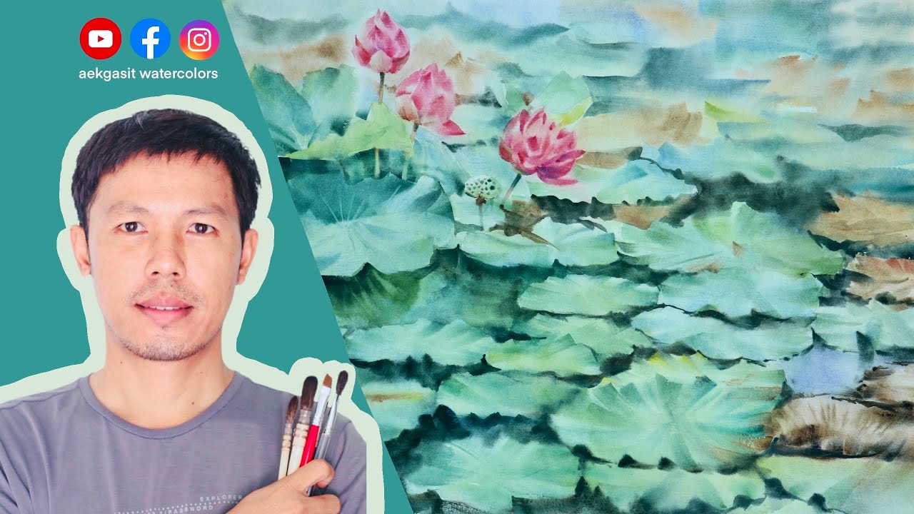 ชมเทคนิคสีน้ำการวาดภาพบึงบัว แบบ Speed painting  @Aek-watercolors #watercolor #สีน้ำ #วาดรูป