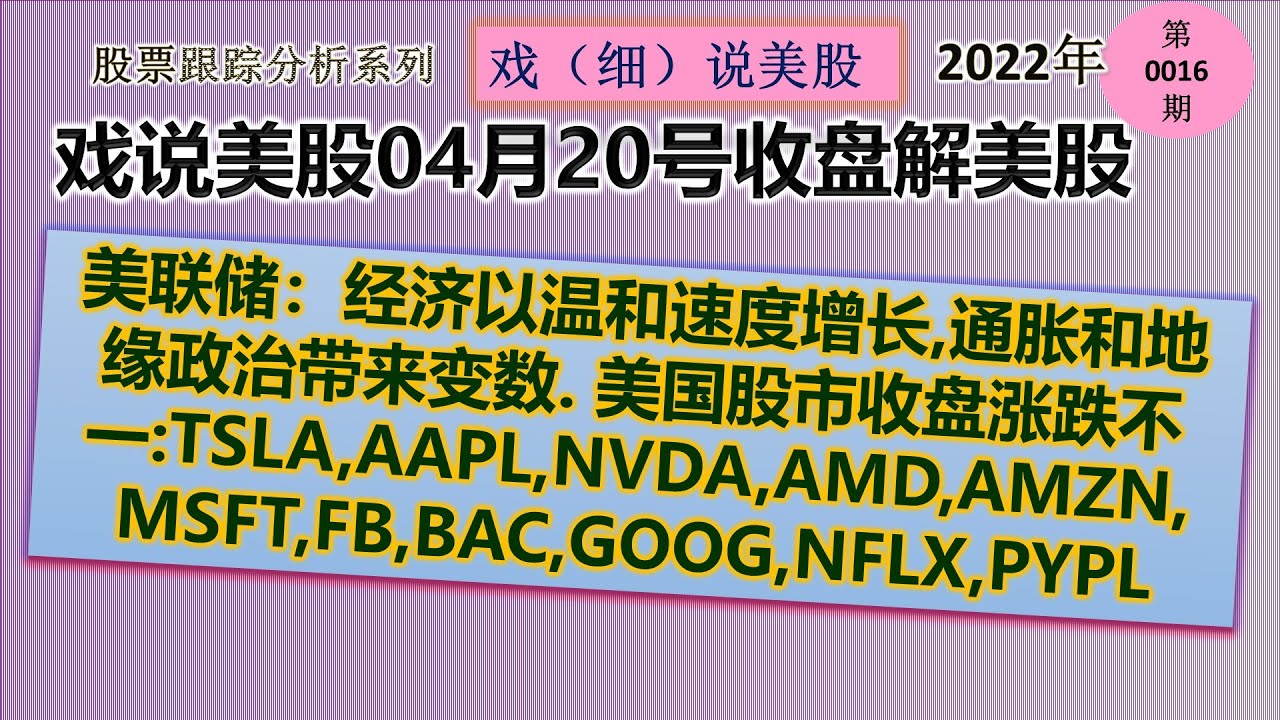 戏说美股4月20号 收盘: 经济以温和速度增长,通胀和地缘政治带来变数.  美国股市收盘涨跌不一:TSLA,AAPL,NVDA,AMD,AMZN,MSFT,FB,BAC,GOOG,NFLX,PYPL