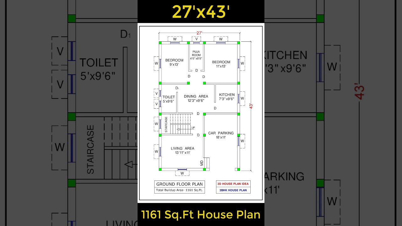 27'x43'' House Plans || 1161 Sq. Ft. House Plan Design ||