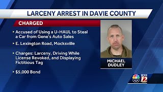 High Point man charged after car theft using U-Haul tow dolly at Gene's Auto Sales in Davie County