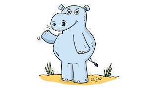 How to draw a Happy Hippo using a Pear Shape - Easy Cartoon Drawing Lesson School