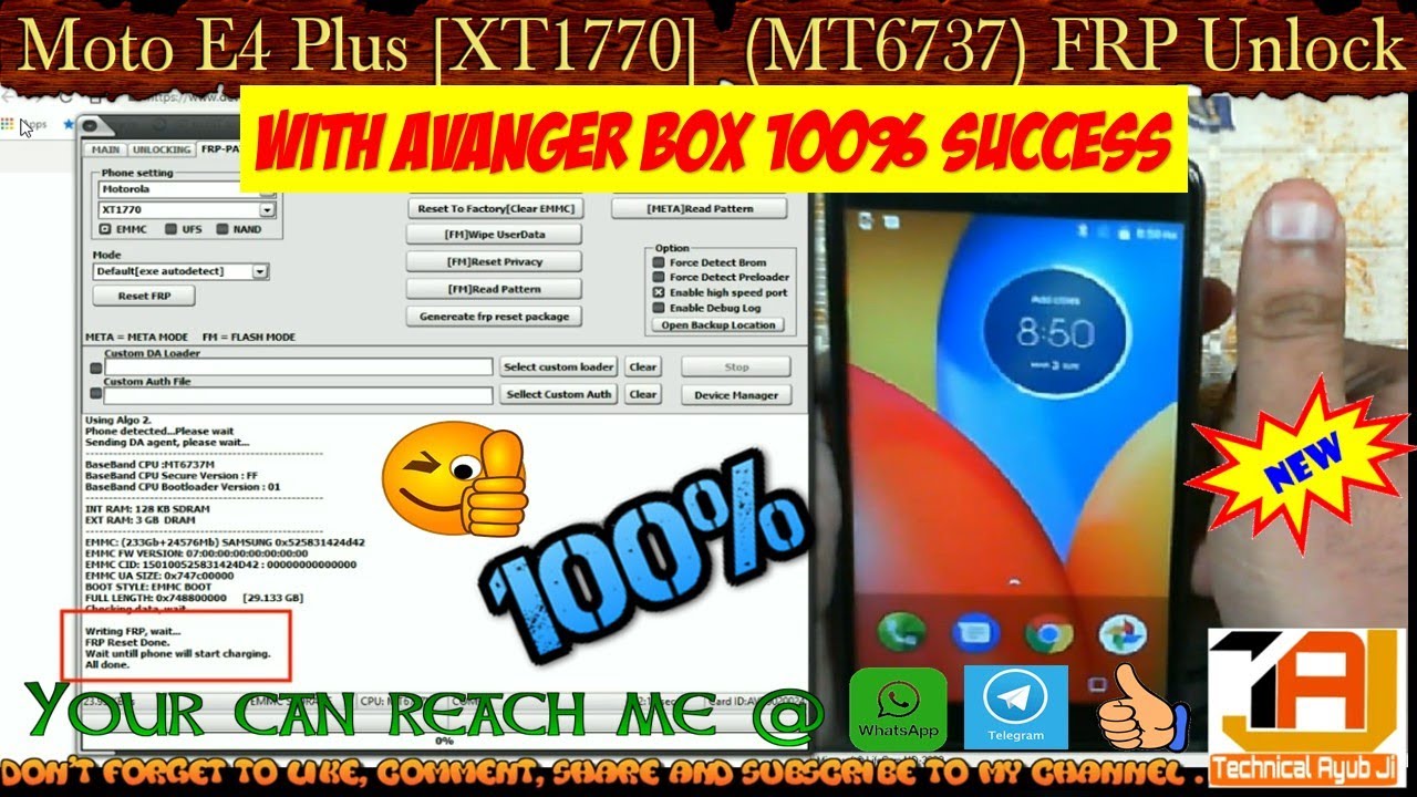 Moto E4 Plus (XT1770) Mediatek-MT6737 FRP Unlock with Avanger Box 100% done