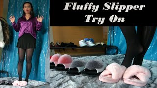 Try On 4 Fluffy Slippers With Shiny Black Pantyhose