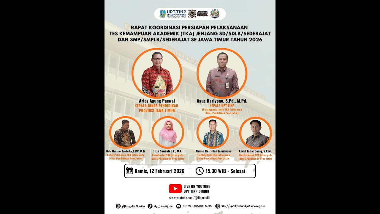 Rakor Persiapan Pelaksanaan TKA Jenjang SD/SDLB/Sederajat dan SMP/SMPLB/Sederajat Se Jawa Timur 2026