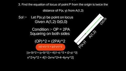 Find the equation of locus of point P from the origin is twice the distance of P(x,y) from A(1,2)