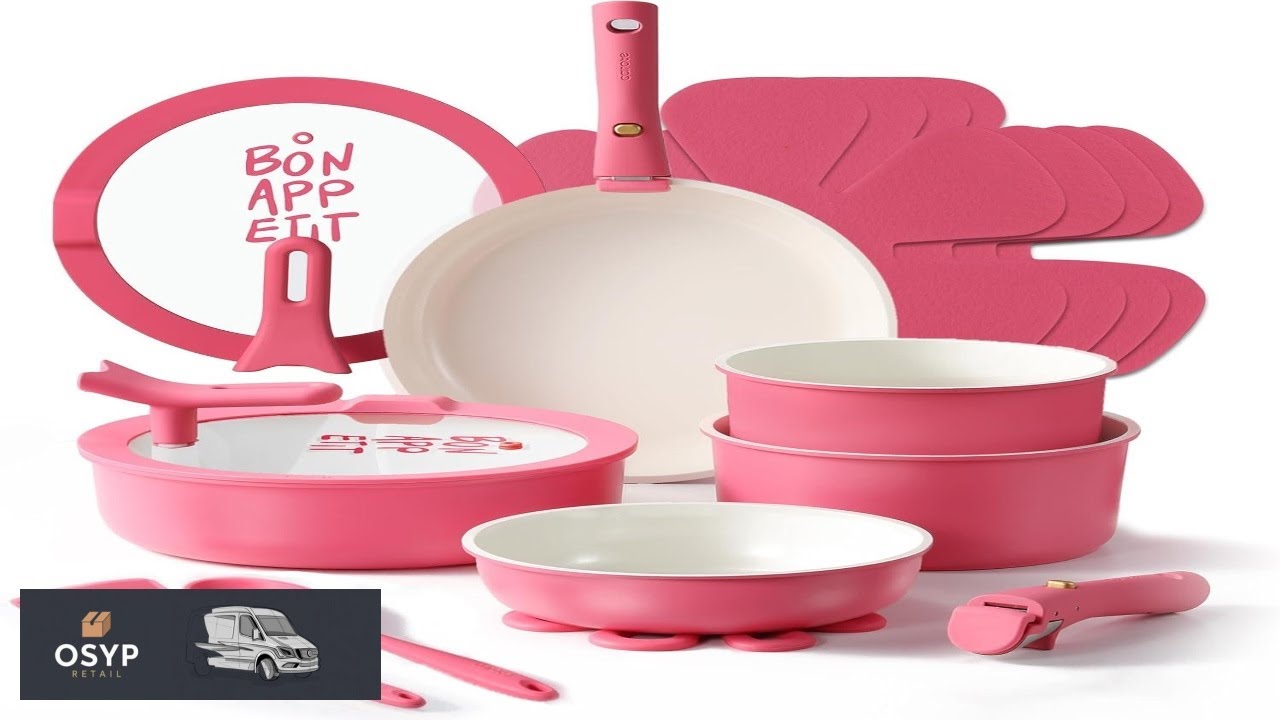 CAROTE 18Pcs Ceramic Cookware Set with Detachable Handle Pots and Pans Set