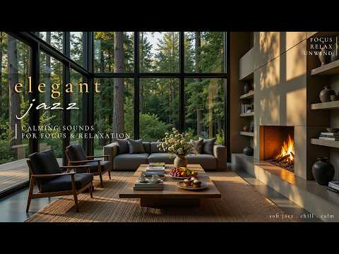 Elegant Jazz Ambience | Crackling Fireplace & Smooth Jazz with Forest Sounds for Work & Focus