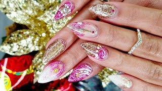 nails gold acrylic pink nail